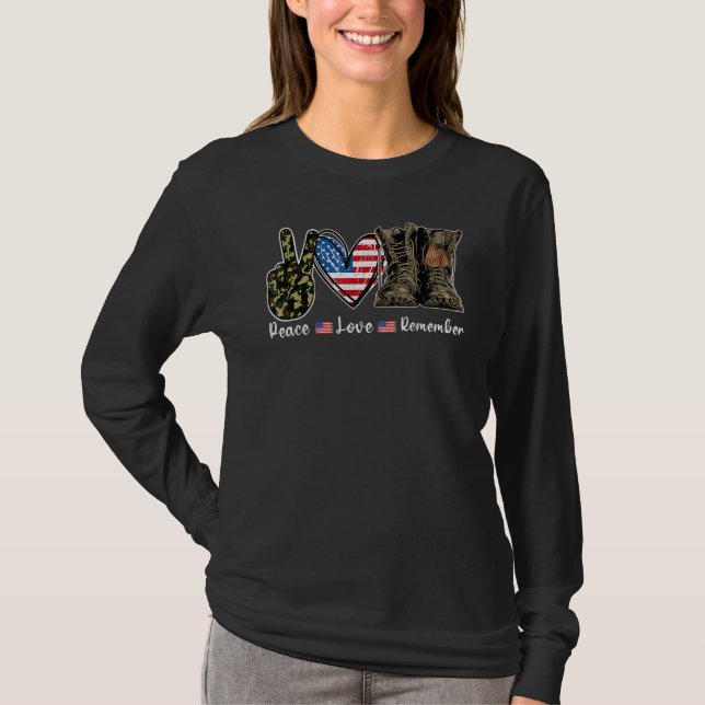 Camiseta Paz Amor Lembre Combate Boots Usa Flag Veteran (Frente)