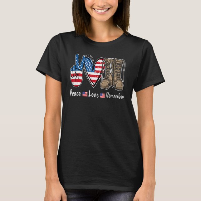 Camiseta Paz Amor Lembre Combate Boots Usa Flag Veteran (Frente)