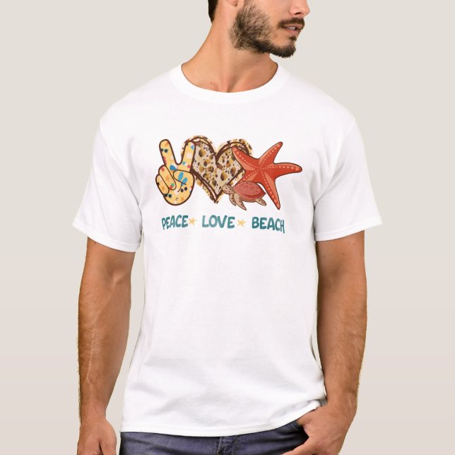 Camiseta Paz, Amor, Praia | Paz de Mão, Coração, Tartaruga (Frente)