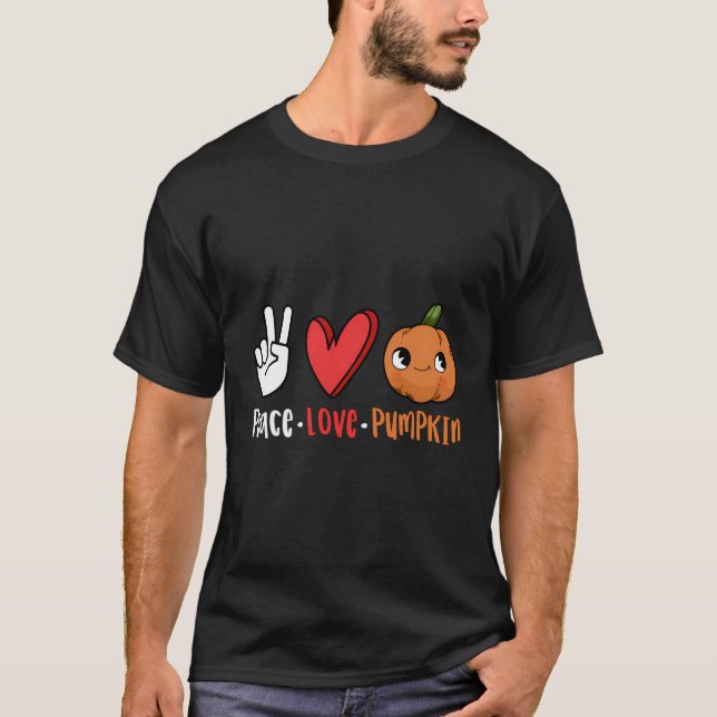 Camiseta Paz Amor Pumpkin outono outono Ação de Graças (Frente)