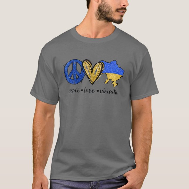 Camiseta Paz, Amor, Ucrânia, Bandeira Ucraniana, Eu Fico Co (Frente)