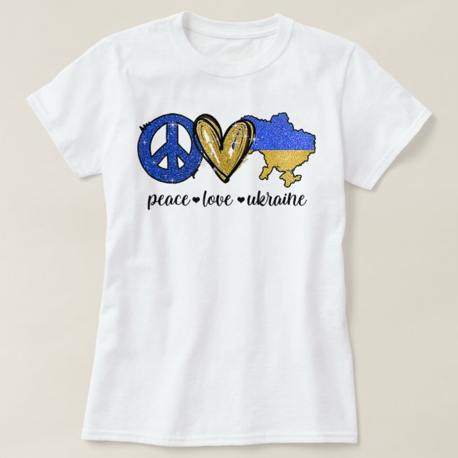 Camiseta Paz, Amor, Ucrânia, Bandeira Ucraniana, Eu Fico Co (Frente do Design)