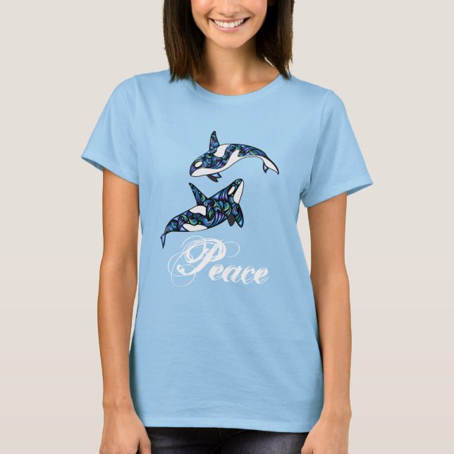 Camiseta Paz ~ Baleias Orca Psicodélicas Coloridas (Frente)