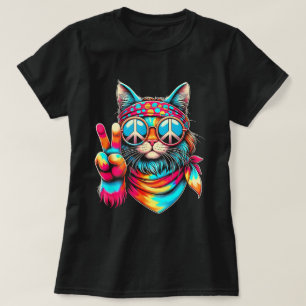 Camiseta Paz Cat Retro Rainbow Hippie - Sinal de Paz