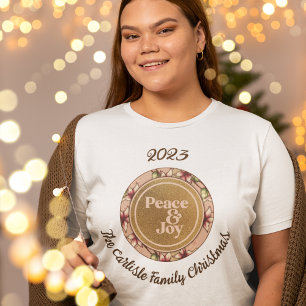 Camiseta Paz e alegria Nome Dourado da Família Rosa Natal