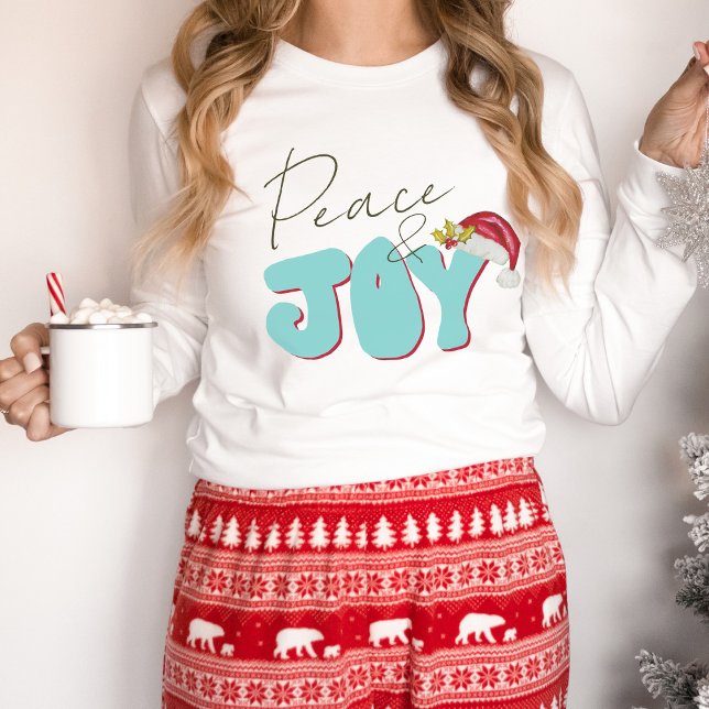 Camiseta Paz Joy Retro anos 80 Font Santa Hat Aqua Red Cute (Hand lettered minimalist retro Christmas design)