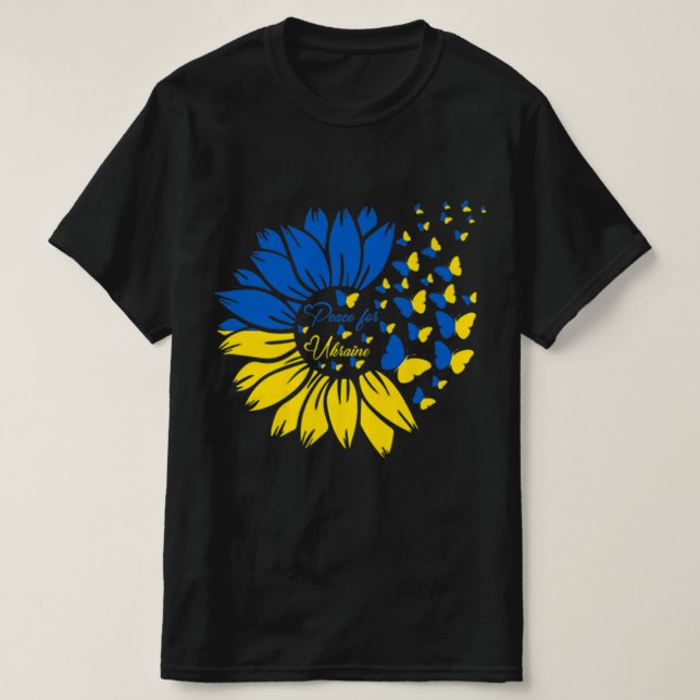 Camiseta Paz Para A Ucrânia Borboleta Ucraniana De Girassol (Frente do Design)