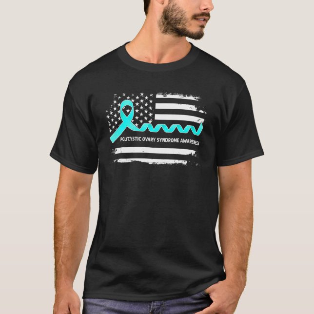 Camiseta PCOS Awareness American Flag   Teal Ribbon (Frente)