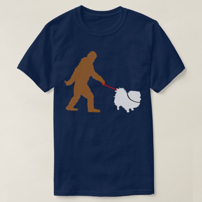 Camiseta Pé Grande Andando Cão Pomerano Sasquatch (Frente do Design)