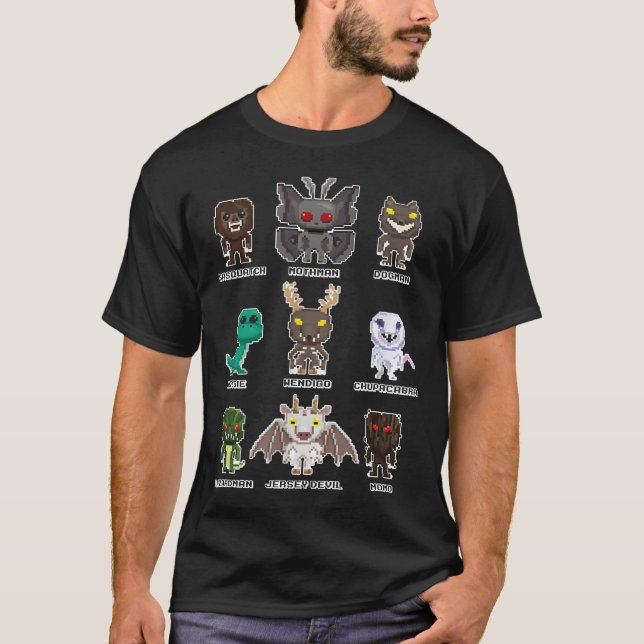 Camiseta Pé-Grande Mothman Wendigo Dogman - Criptídeo 8-Bit (Frente)