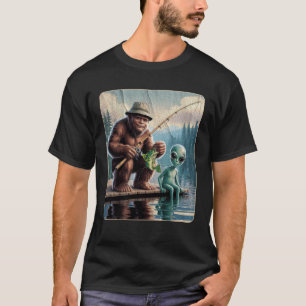 Camiseta Pé-Grande na Pesca de Alienígena Juntando Pescador