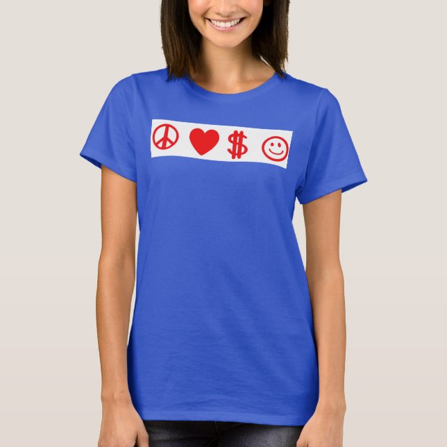 Camiseta PEACE AMOR DINHEIRO FELIZ cinza de mulheres voando (Frente)