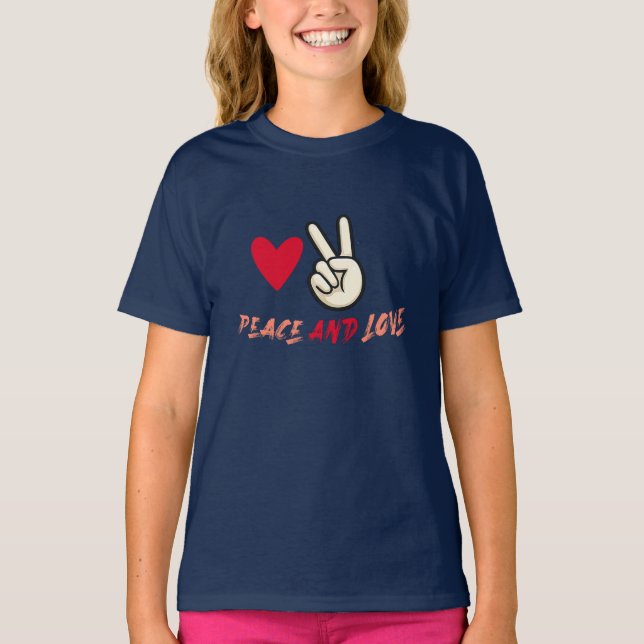 Camiseta Peace and Love Girls’ T-Shirt | Cute Heart and Pea (Frente)