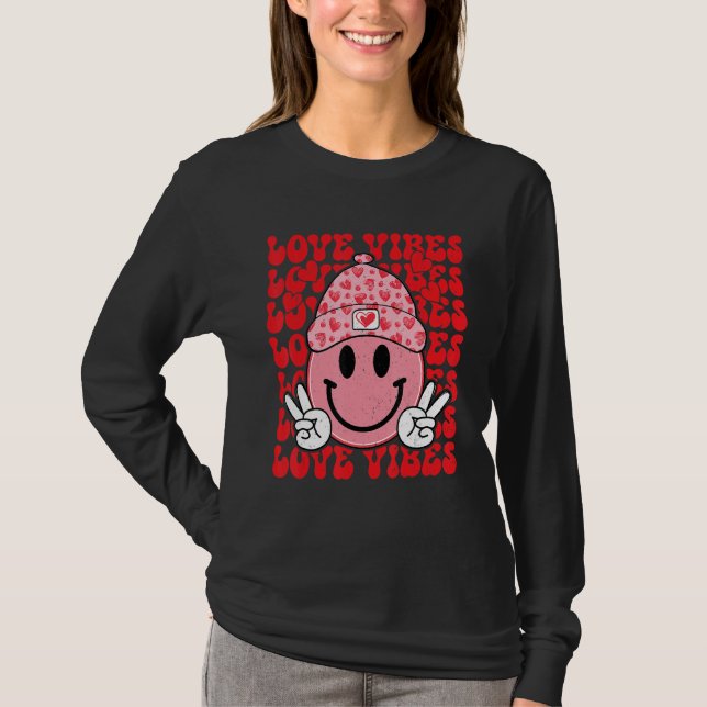 Camiseta Peace Hand Sign Retro Smile Face Love Vibes Valent (Frente)