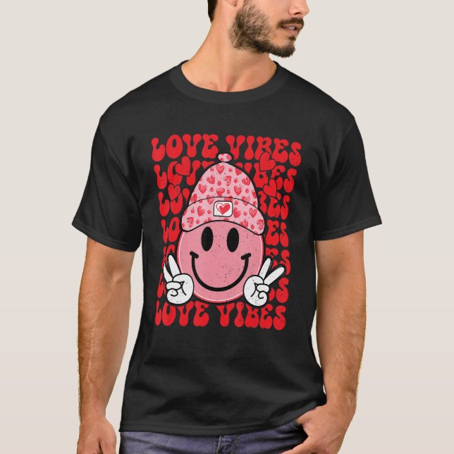 Camiseta Peace Hand Sign Retro Smile Face Love Vibes Valent (Frente)