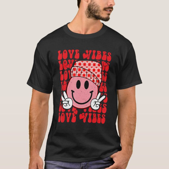 Camiseta Peace Hand Sign Retro Smile Face Love Vibes Valent (Frente)