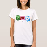 Camiseta Peace Love 50th Birthday Festa Cute<br><div class="desc">Camiseta de 50 anos para uma mulher que faz 50 anos. Um presente bonito sobre a colina.</div>
