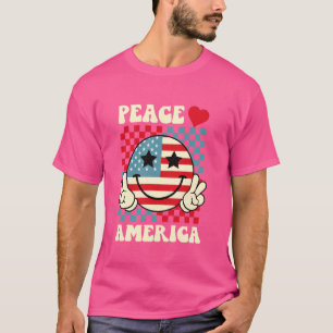 Camiseta Peace Love America Smile Face USA Flag Quarto Dia