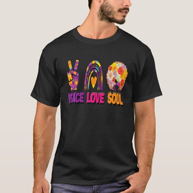 Camiseta Peace Love And Soul Groovy Hippie Retro Sign Heart (Frente)