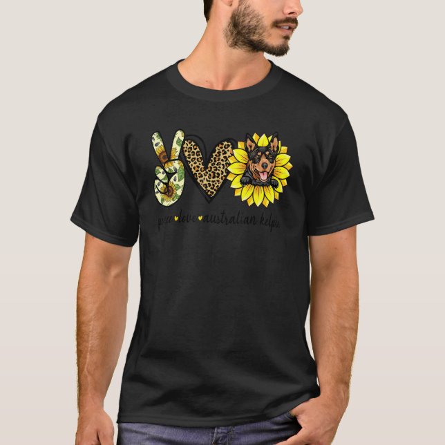 Camiseta Peace Love Australian Kelpie Dog Sunflower (Frente)