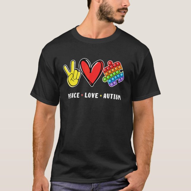 Camiseta Peace Love Autism Pop It Quebra-cabeça Fidget Toy  (Frente)