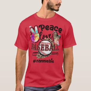 Camiseta Peace Love Baseball Nannie Life Mãe Avó Leopar