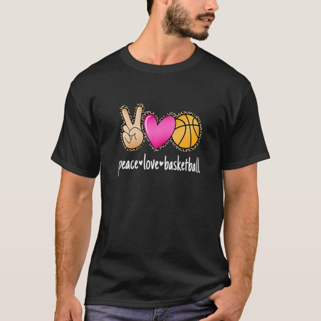 Camiseta Peace Love Basketball Leopard Print Girls Women Ba (Frente)