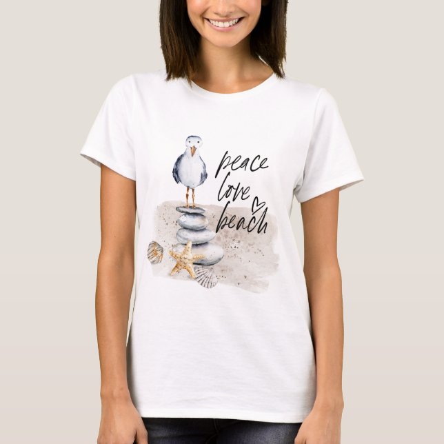 Camiseta Peace Love Beach Seagull Coastal (Frente)