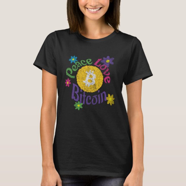 Camiseta Peace Love Bitcoin  Distressed Flower Power Crypto (Frente)