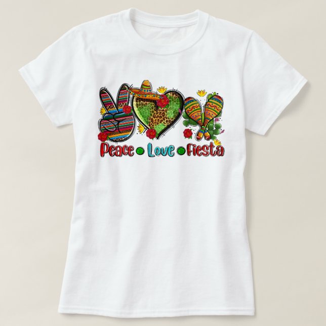 Camiseta Peace Love Boliche Cinco do Partido de Mayo Fiesta (Frente do Design)
