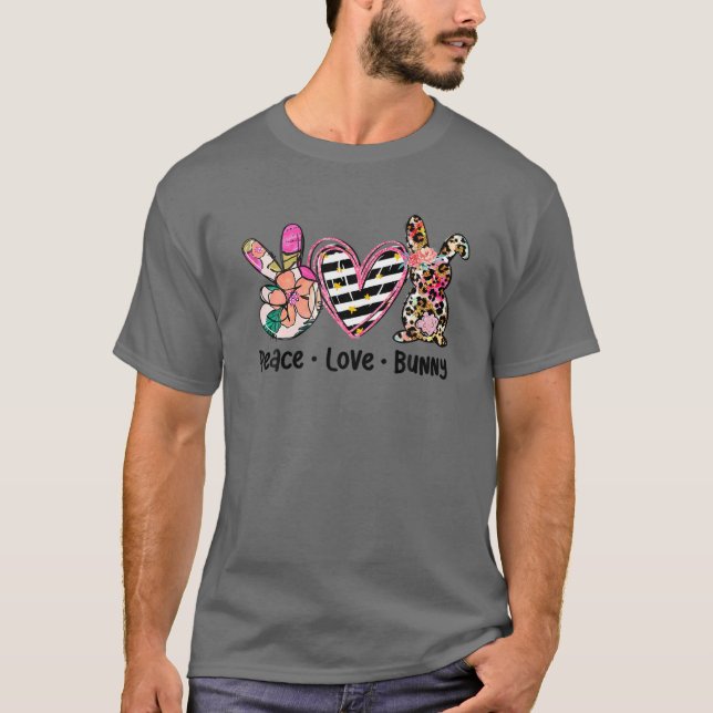 Camiseta Peace Love Bunny Peace Sign Hippie Páscoa Day (Frente)
