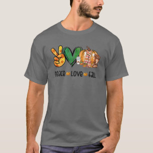 Camiseta Peace Love Call Pumpkin Coffee Autumn Engraçado O