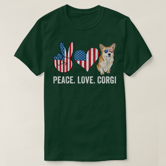 Camiseta Peace Love Corgi Pai Mãe Americana Flag Corgi Dog  (Frente do Design)