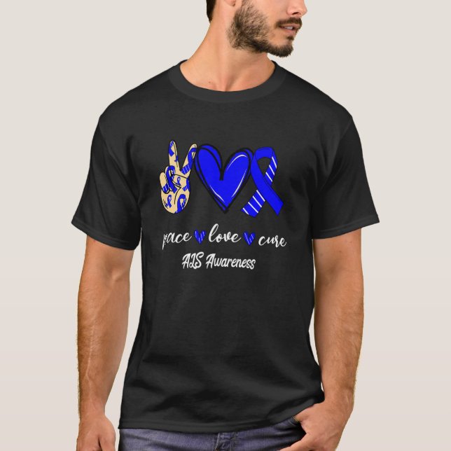 Camiseta Peace Love Cure Als Blue & White Ribbon Awarness (Frente)