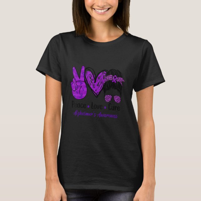 Camiseta Peace Love Cure Alzheimer's Awarness Leopard Mess (Frente)