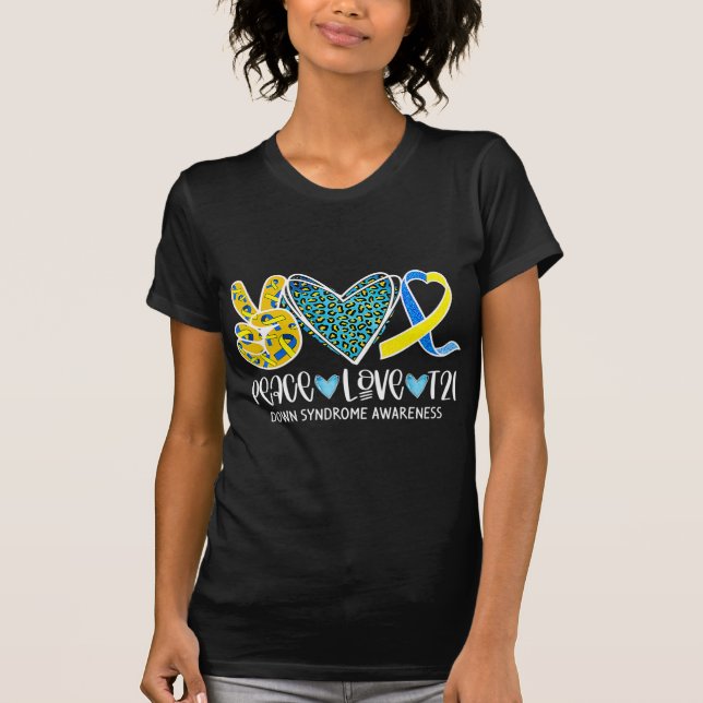 Camiseta Peace Love Cure Blue & Yellow Ribbon Down Syndrome (Frente)