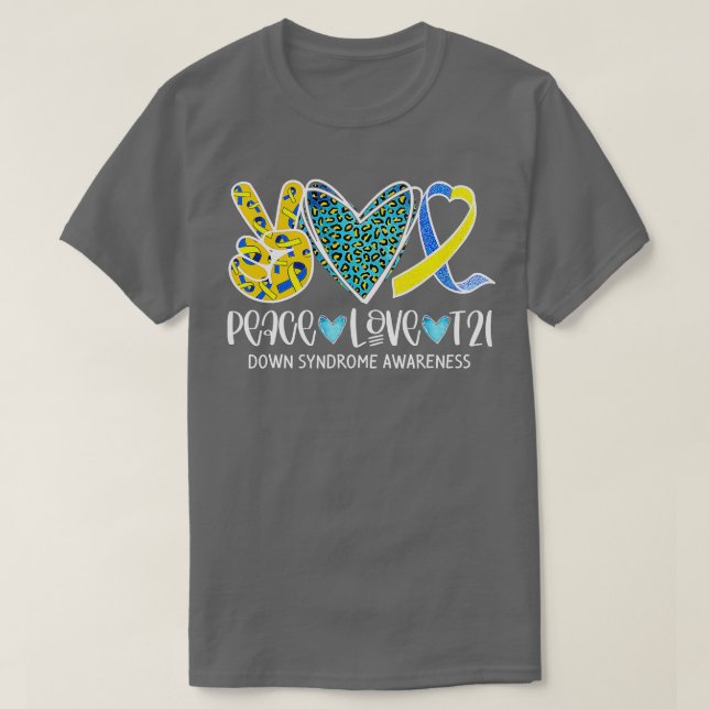 Camiseta Peace Love Cure Blue & Yellow Ribbon Down Syndrome (Frente do Design)