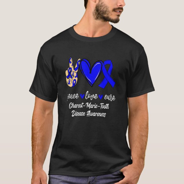 Camiseta Peace Love Cure Charcot Marie Tooth Disease Blue A (Frente)
