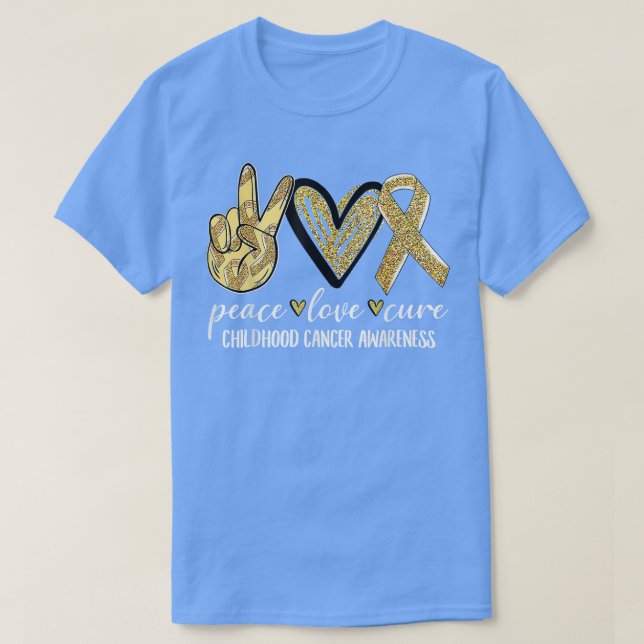 Camiseta Peace Love Cure Childhood Cancer Awareness Gold Ri (Frente do Design)