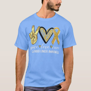 Camiseta Peace Love Cure Chilhood Cancer Awarness Dourado R