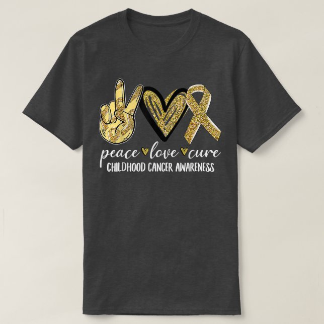 Camiseta Peace Love Cure Chilhood Cancer Awarness Dourado R (Frente do Design)