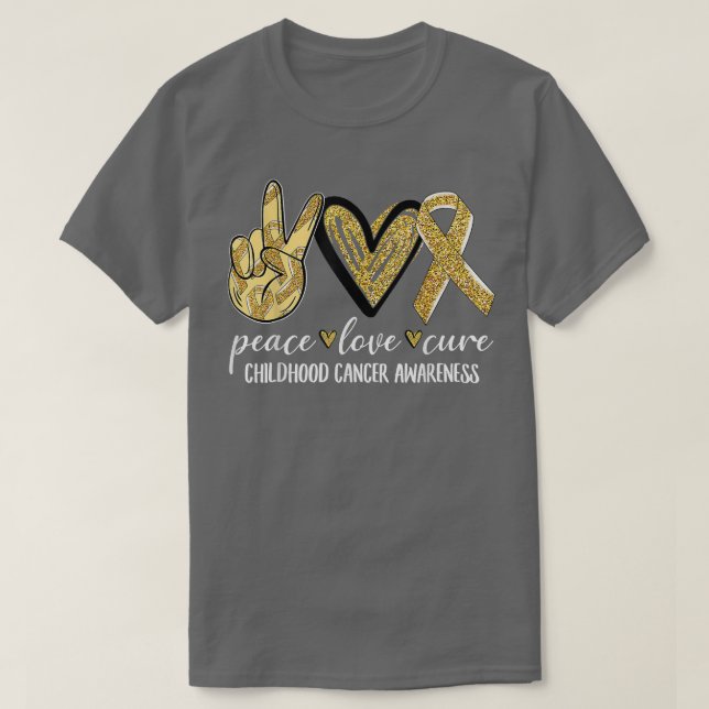 Camiseta Peace Love Cure Chilhood Cancer Awarness Dourado R (Frente do Design)