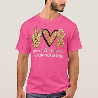 Camiseta Peace Love Cure Chilhood Cancer Awarness Dourado R