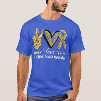 Camiseta Peace Love Cure Chilhood Cancer Awarness Dourado R