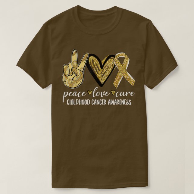 Camiseta Peace Love Cure Chilhood Cancer Awarness Dourado R (Frente do Design)