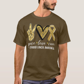 Camiseta Peace Love Cure Chilhood Cancer Awarness Dourado R