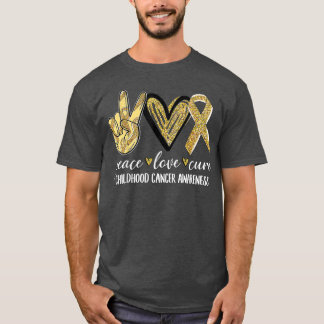 Camiseta Peace Love Cure Chilhood Cancer Awarness Dourado R