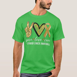 Camiseta Peace Love Cure Chilhood Cancer Awarness Dourado R