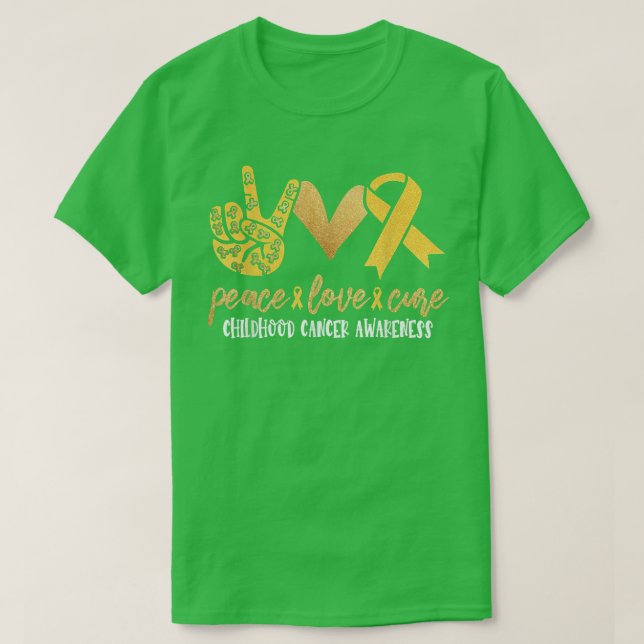 Camiseta Peace Love Cure Chilhood Cancer Awarness Ribbon (Frente do Design)