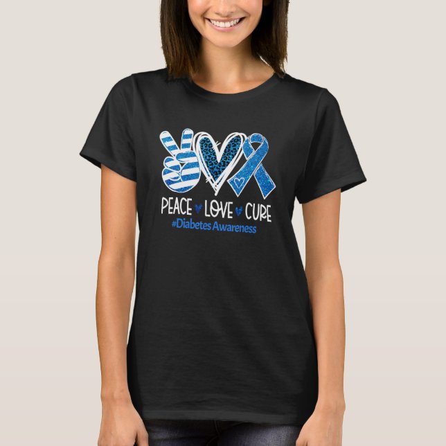 Camiseta Peace Love Cure Cinza Blue Ribbon Diabetes Awarene (Frente)
